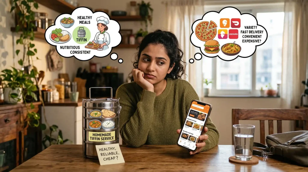 Thinking of person
Tiffin services vs food delivery apps
healthy or junk
order or tiffin 

